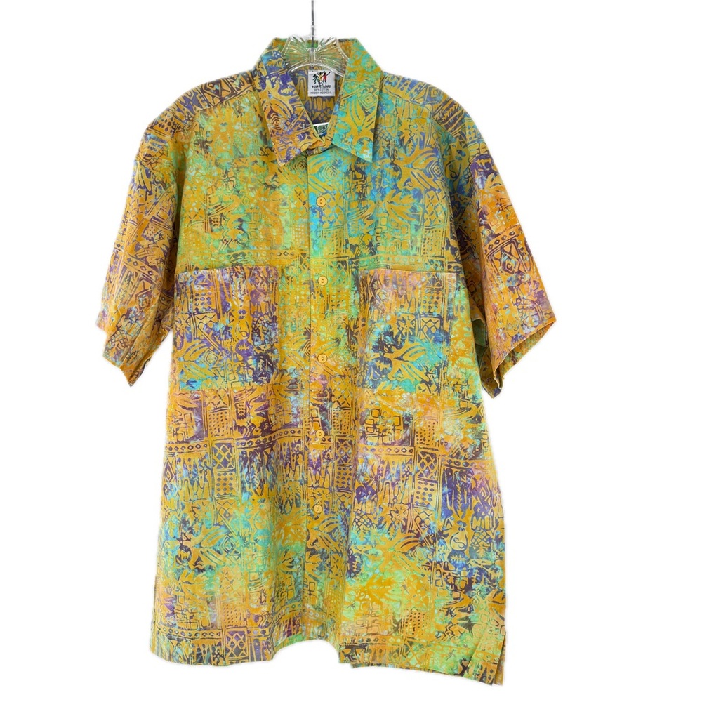 Rum Reggae Hawaiian Batik Camp Shirt "Mozambique" Saffron/Turq. Size Large NWT - Picture 3 of 16